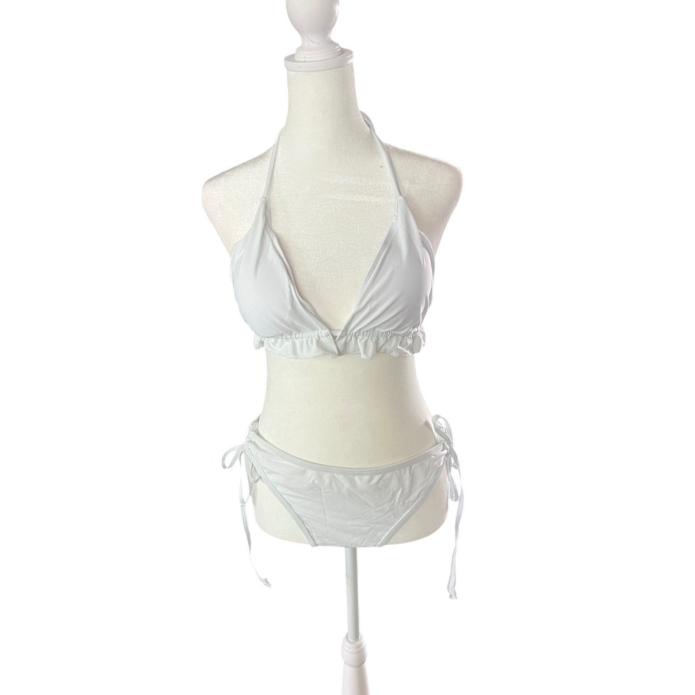 NEW White Ruffle Triangle Bikini Set Large Side Tie Ruched Back Two Piece Swim